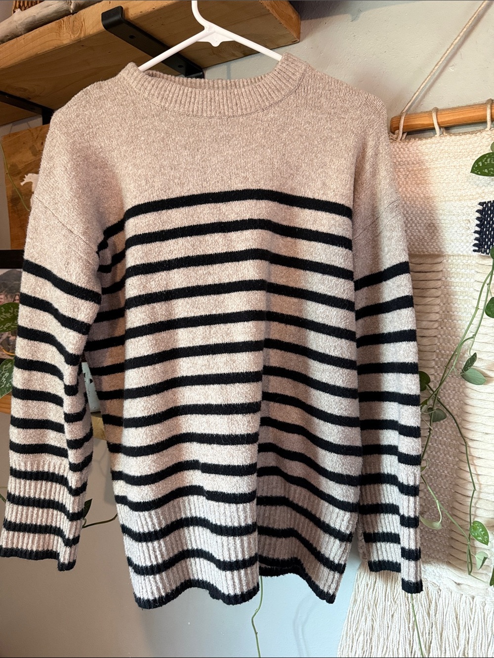 a new day Beige and Black Striped Crewneck Sweater